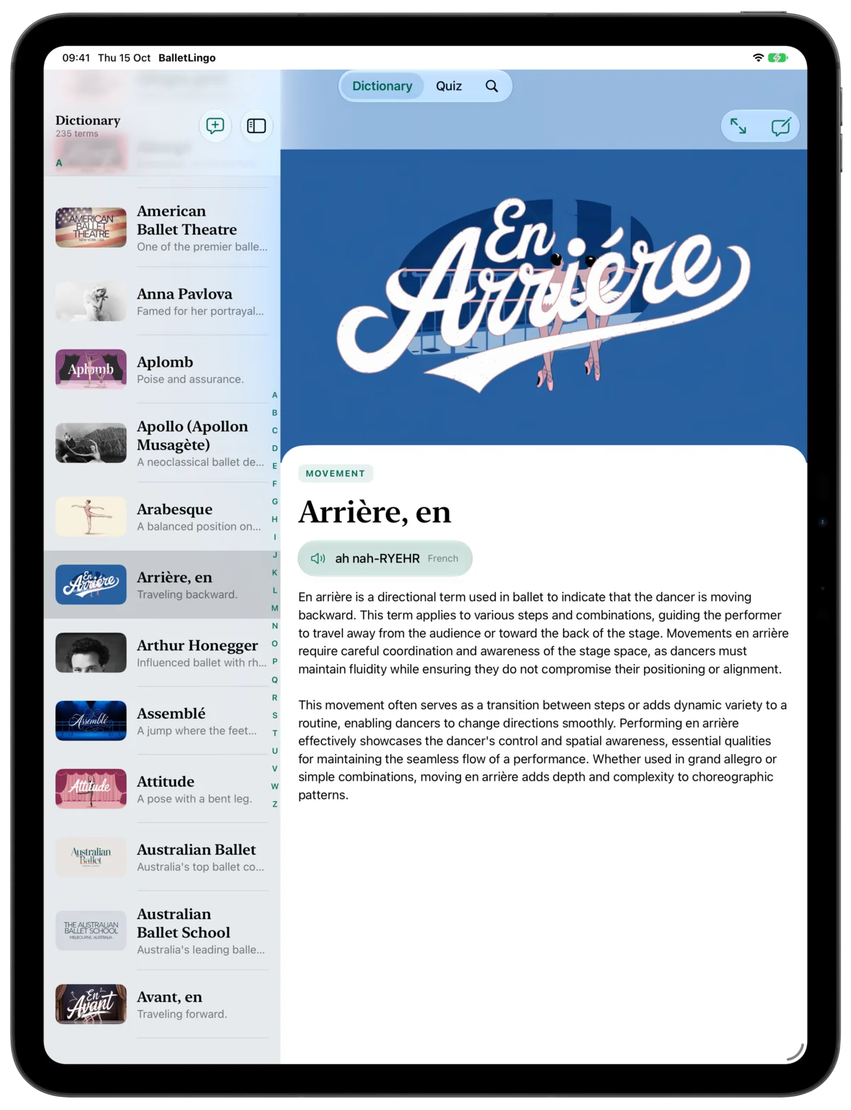 BalletLingo on iPad: the dictionary list beside the En arrière entry, with its word art, pronunciation and description