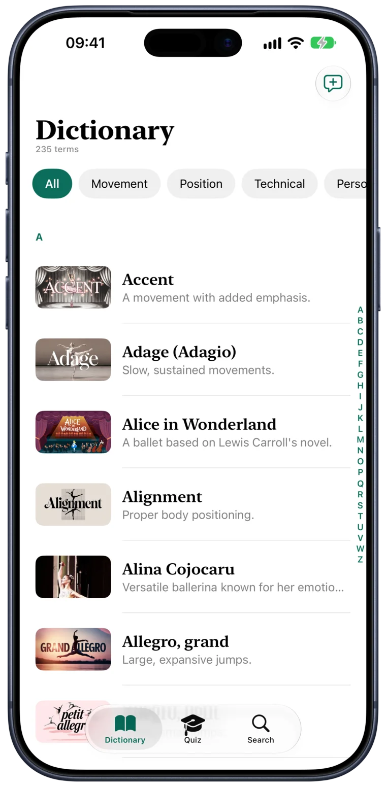 The BalletLingo dictionary on iPhone, listing terms A to Z with artwork and category filters